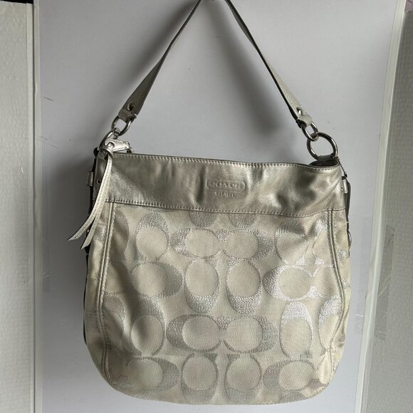 Coach Zoe Signature C Canvas Leather Hobo Shoulder Bag in Cream and Silver - Picture 1 of 17